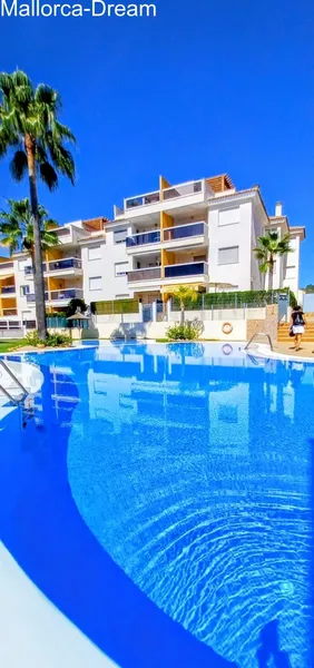 Calas de Mallorca: A high-quality, modernised flat with a stunning view of the palm-lined pool, sunshine until the evening and a private parking space — photo 2