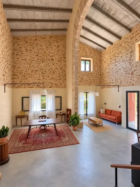 Piedra natural, un gran arco y techos de gran altura con vigas vistas definen el carácter de esta casa de campo tradicional mallorquina ubic — photo 3