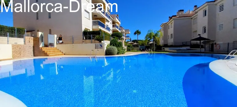 Calas de Mallorca: A high-quality, modernised flat with a stunning view of the palm-lined pool, sunshine until the evening and a private parking space — photo 4