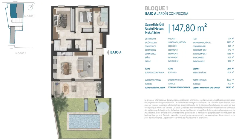 78m² new build ground-floor apartment with 3 bedrooms, pool and garden for sale — photo 3