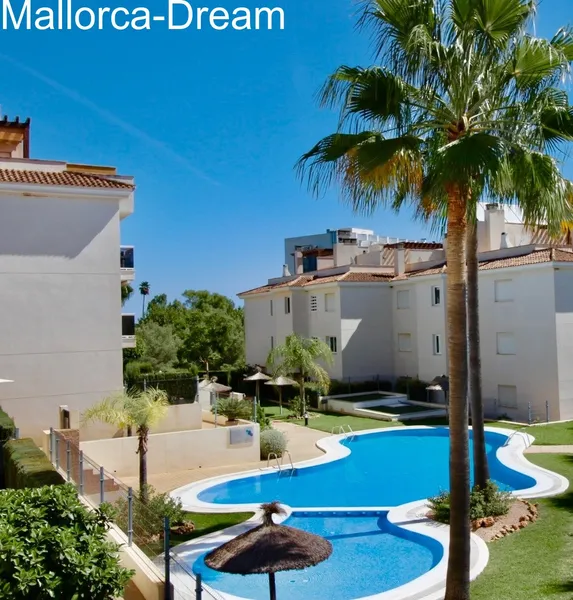 Calas de Mallorca: A high-quality, modernised flat with a stunning view of the palm-lined pool, sunshine until the evening and a private parking space — photo 3