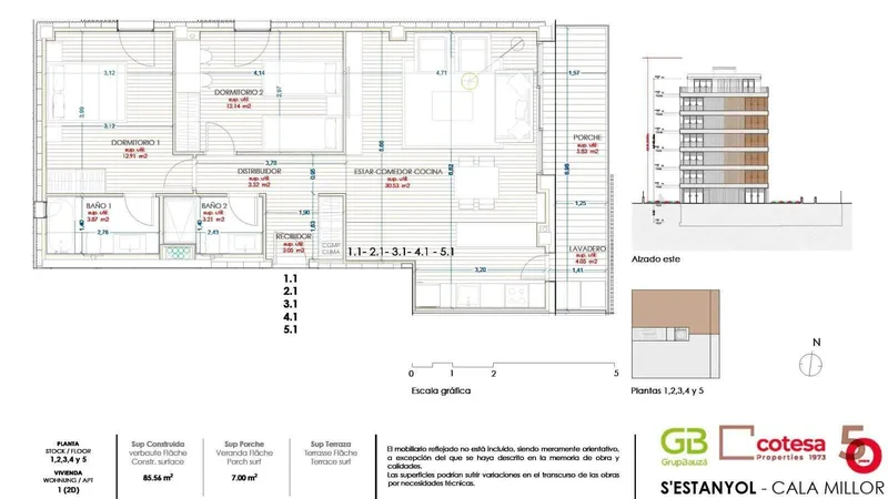 85m² apartment with 2 bedrooms, 2 bathrooms & balcony for sale; new build — photo 1