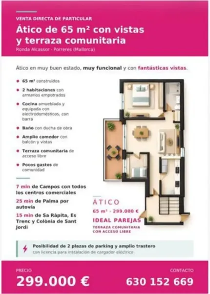 Particular vende Ático en Ronda Alcassor de Porreres, con 2 habitaciones con armarios empotrados, Comedor amplio, baño completo con ducha de — photo 1